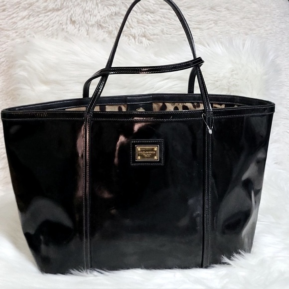 DOLCE & GABBANA Black Patent Leather Tote Bag w/Gold Plate Logo & Cards, EUC - Picture 1 of 15